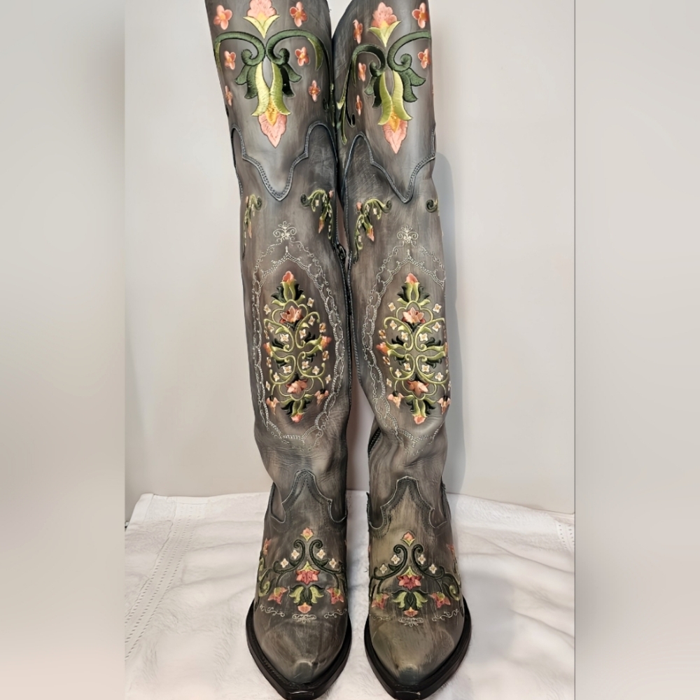  Dan Post Ladies Knee High Boots Turquoise With Embroidering-Flower Child